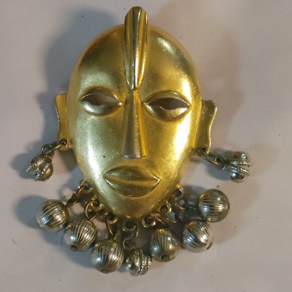 Large Tribal Mask Brooch Pin Mayan Aztec African Vintage Dangling Silver Balls - Picture 8 of 13